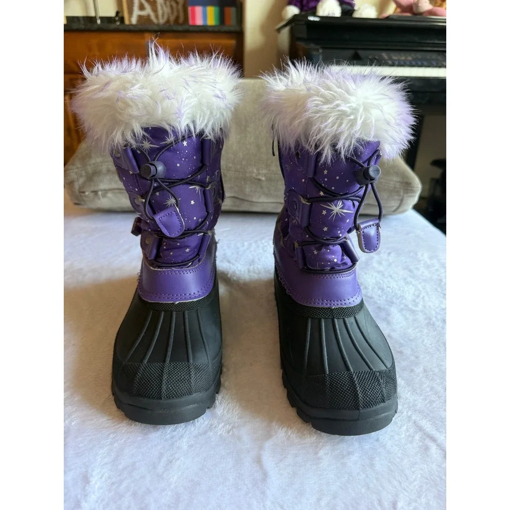 Dream Pairs Girls Purple Silver Star Insulated Snow Boots Faux Fur Size 2 Kids